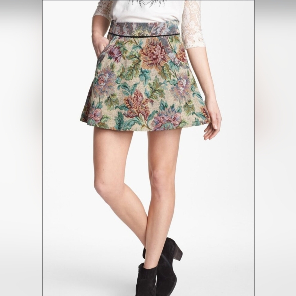 Free People tapestry vibe floral print mini skirt with pockets and side zipper